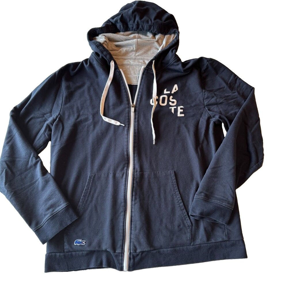 Lacoste Men’s L Blue Solid Full Zip Hooded Hoodie Pockets Logo